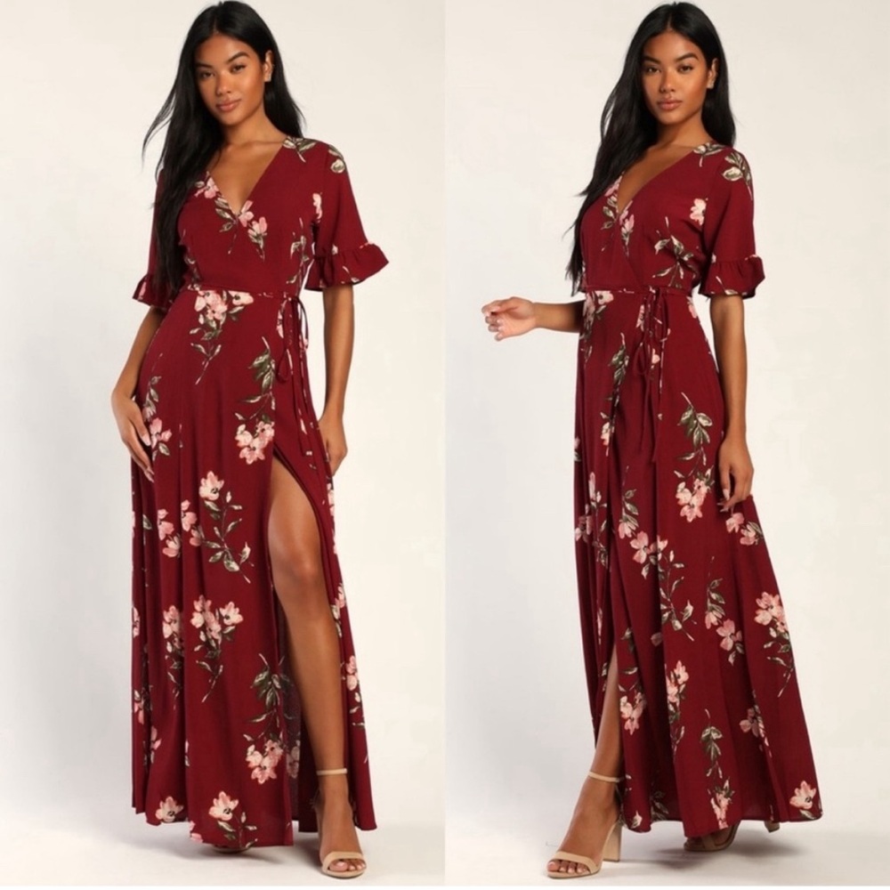 Lulus | September Sunsets Burgundy Floral Print Wrap Maxi Dress